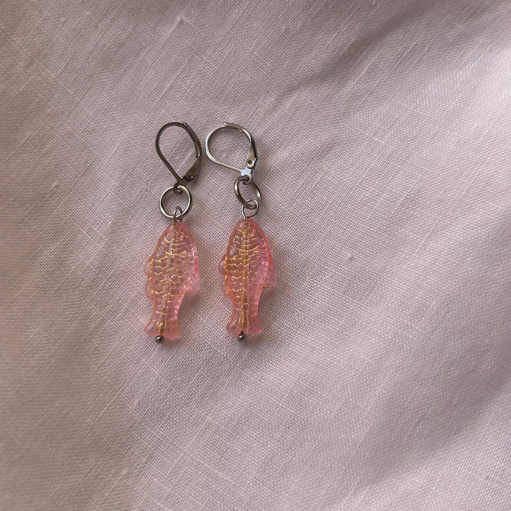 Gold on jelly pink fish earrings