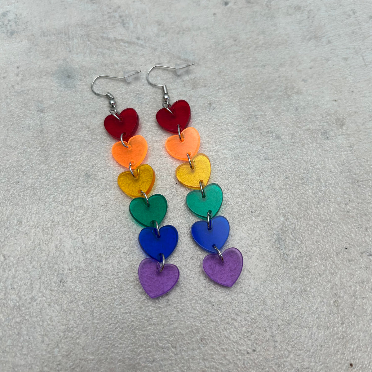 Rainbow coloured acrylic heart earrings