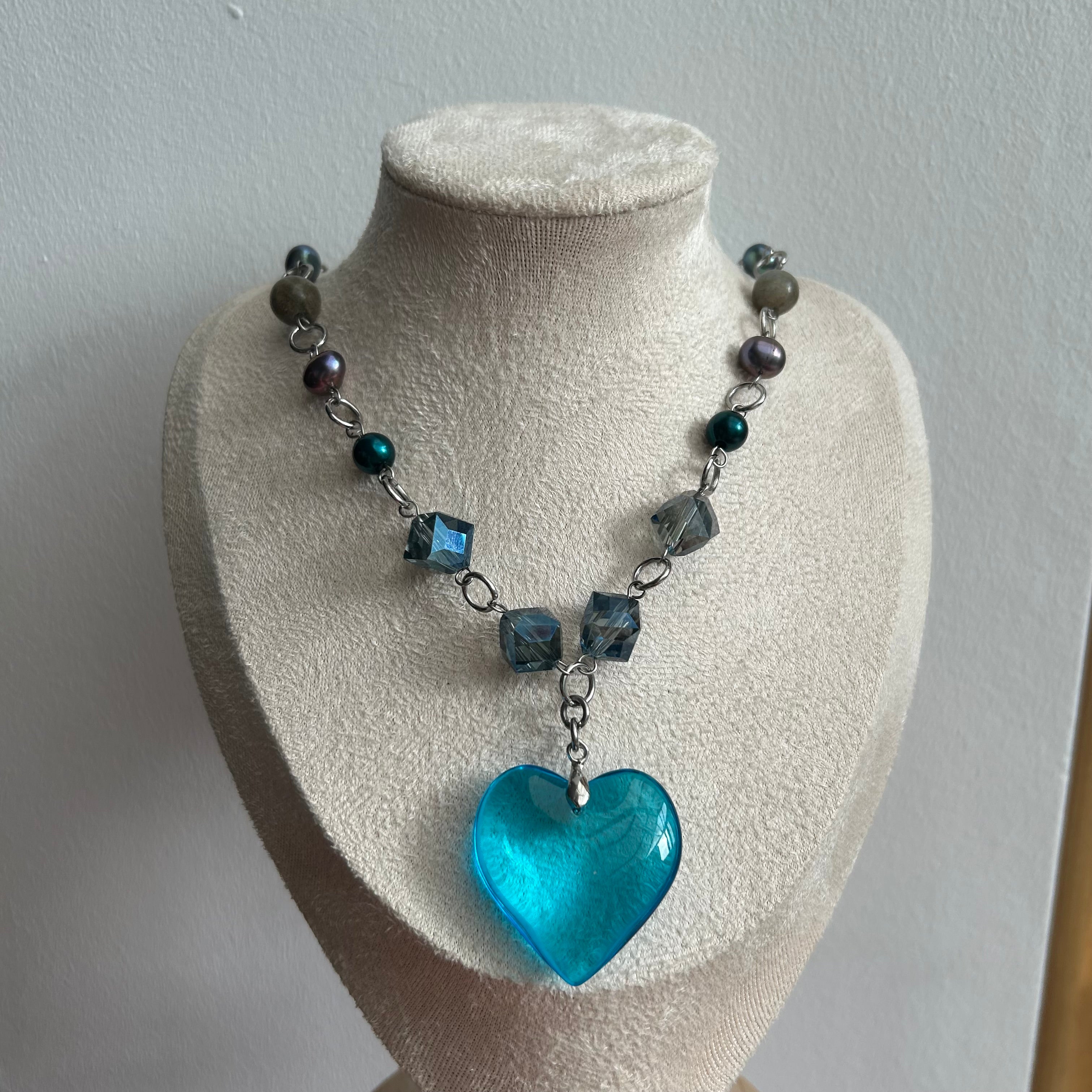 Turquoise blue glass heart beaded necklace